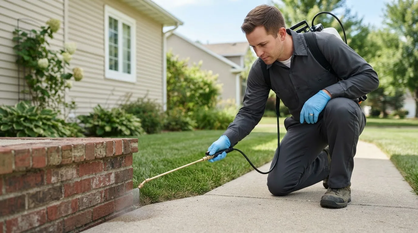 Pest control technician treating a home near White Cottage, OH