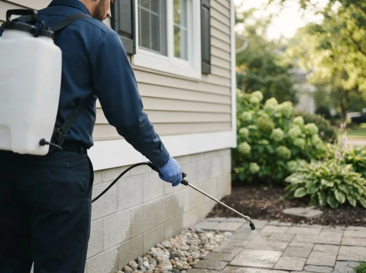 Pest control technician inspecting a home in White Cottage, OH
